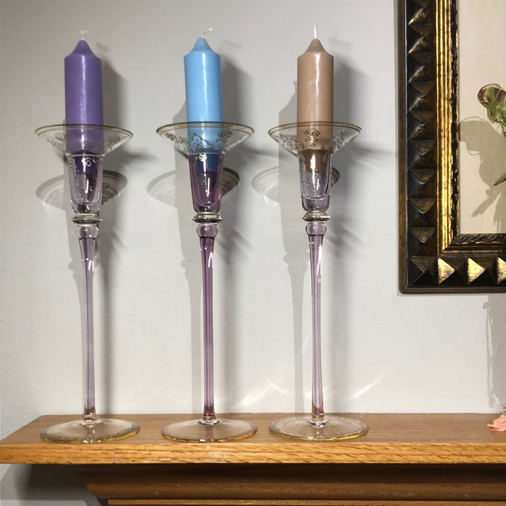 VTG CANDLESTICKS (3) ETCHED GLASS
